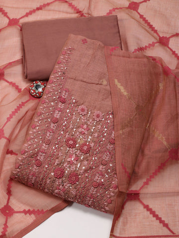 Neck Embroidered Chanderi Unstitched Suit Piece With Dupatta