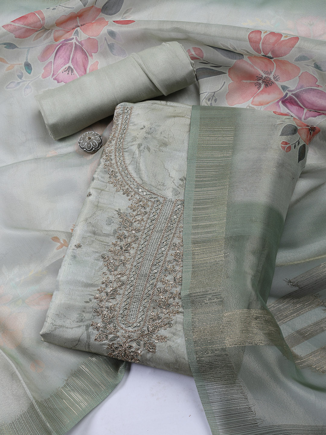 Neck Embroidered Tissue Unstitched Suit With Dupatta