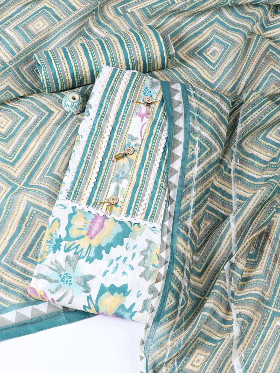 Neck Patti Cotton Blend Unstitched Suit With Dupatta