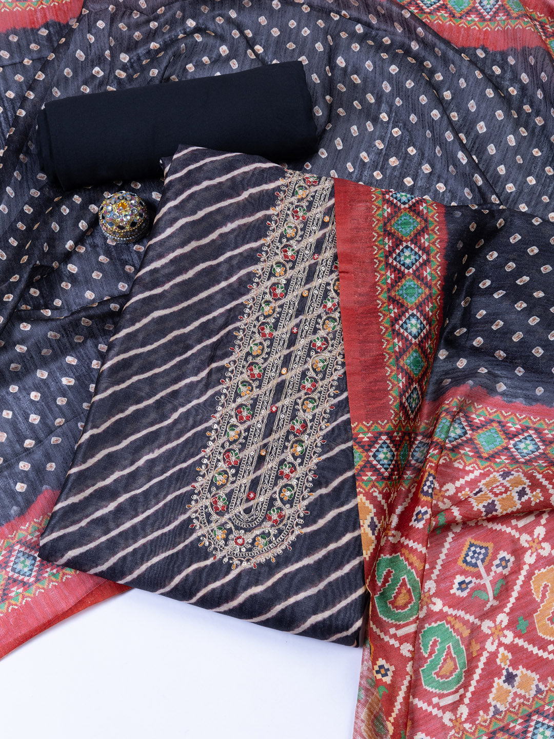 Neck Embroidered Chanderi Unstitched Suit With Dupatta