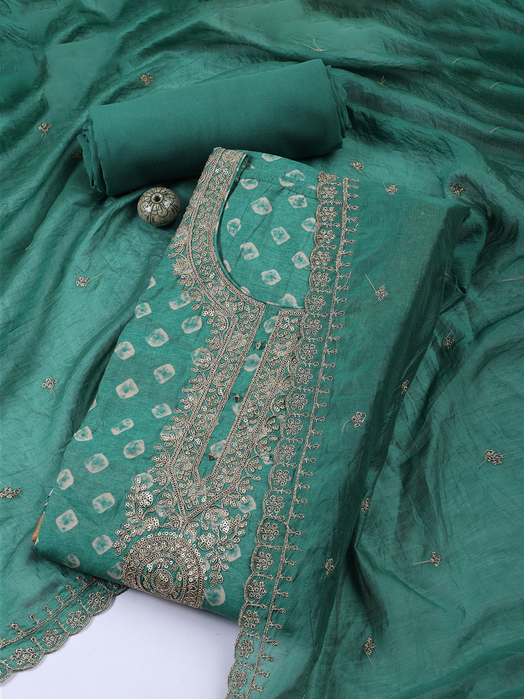 Neck Embroidered Cotton Blend Unstitched Suit With Dupatta