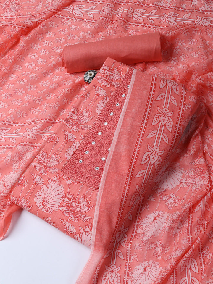 Neck Woek Cotton Blend Unstitched Suit With Dupatta