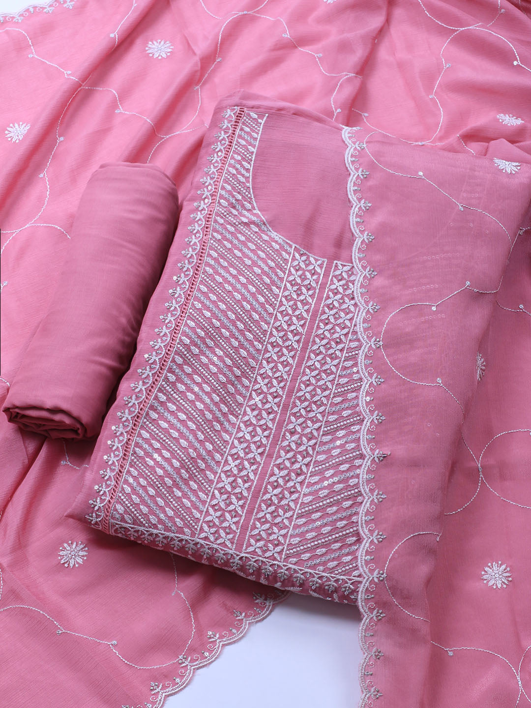 Embroidered Art Silk Unstitched Suit Piece With Dupatta
