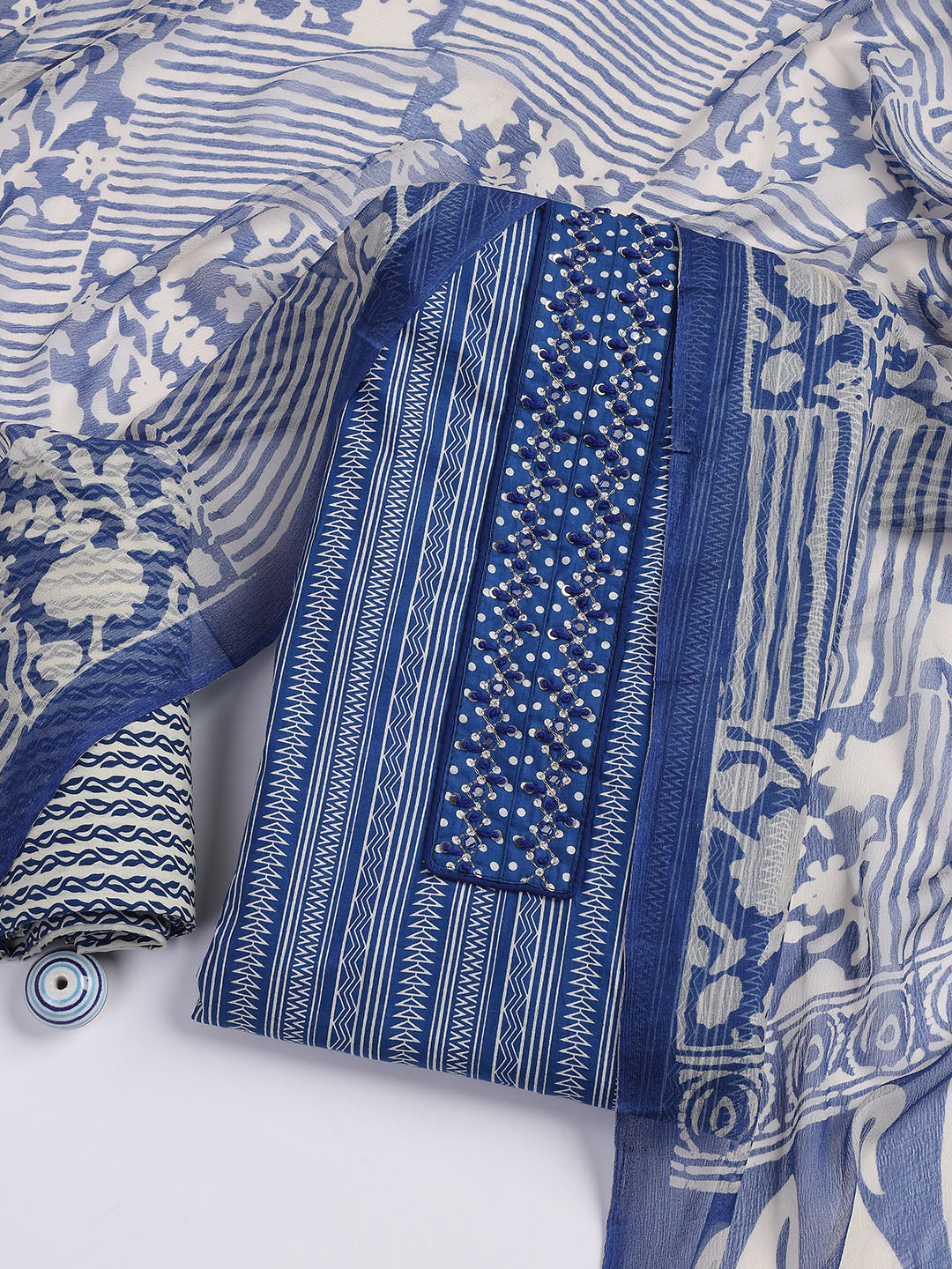 Printed Cotton Blend Unstitched Suit With Dupatta