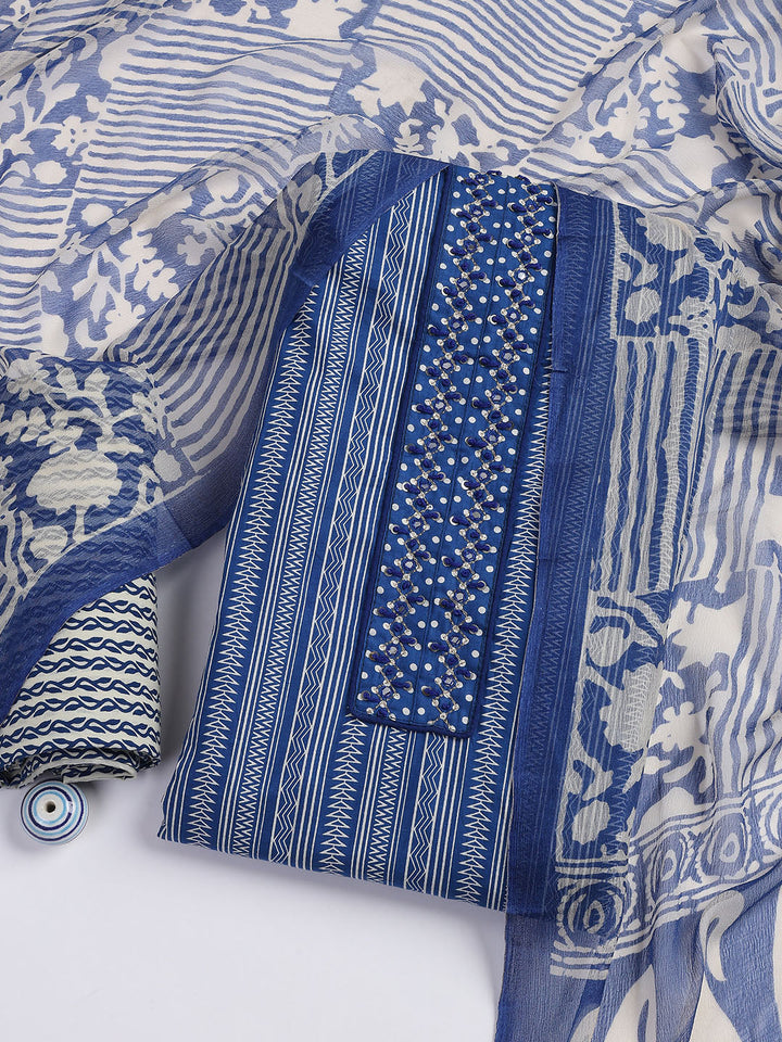 Printed Cotton Blend Unstitched Suit With Dupatta