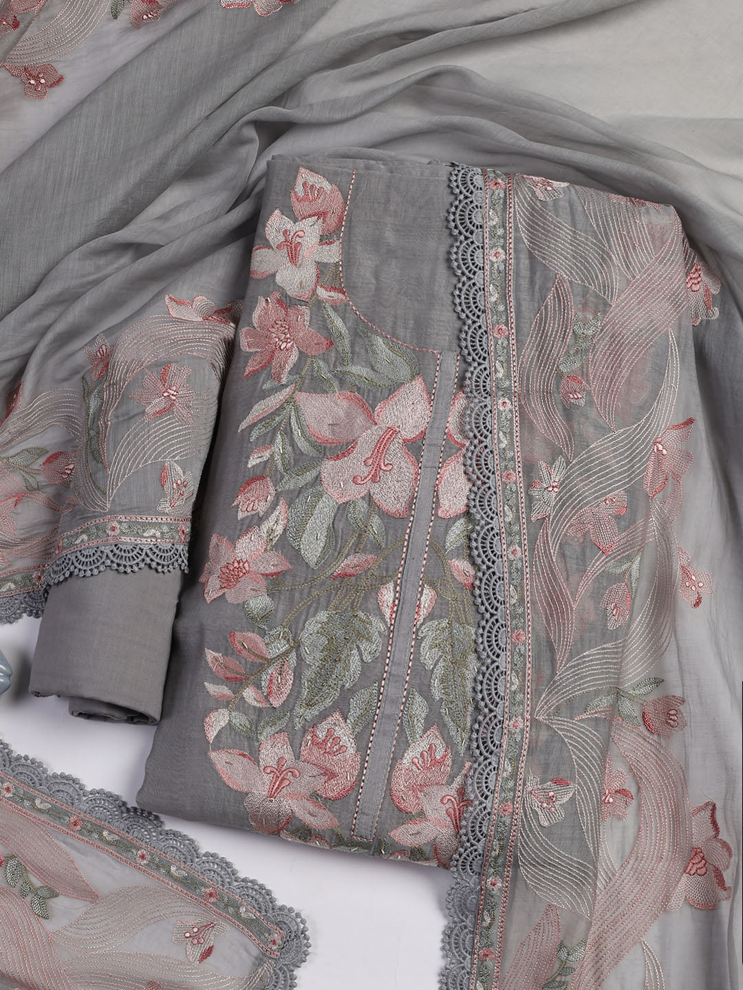 Embroidery Chanderi Unstitched Suit With Dupatta