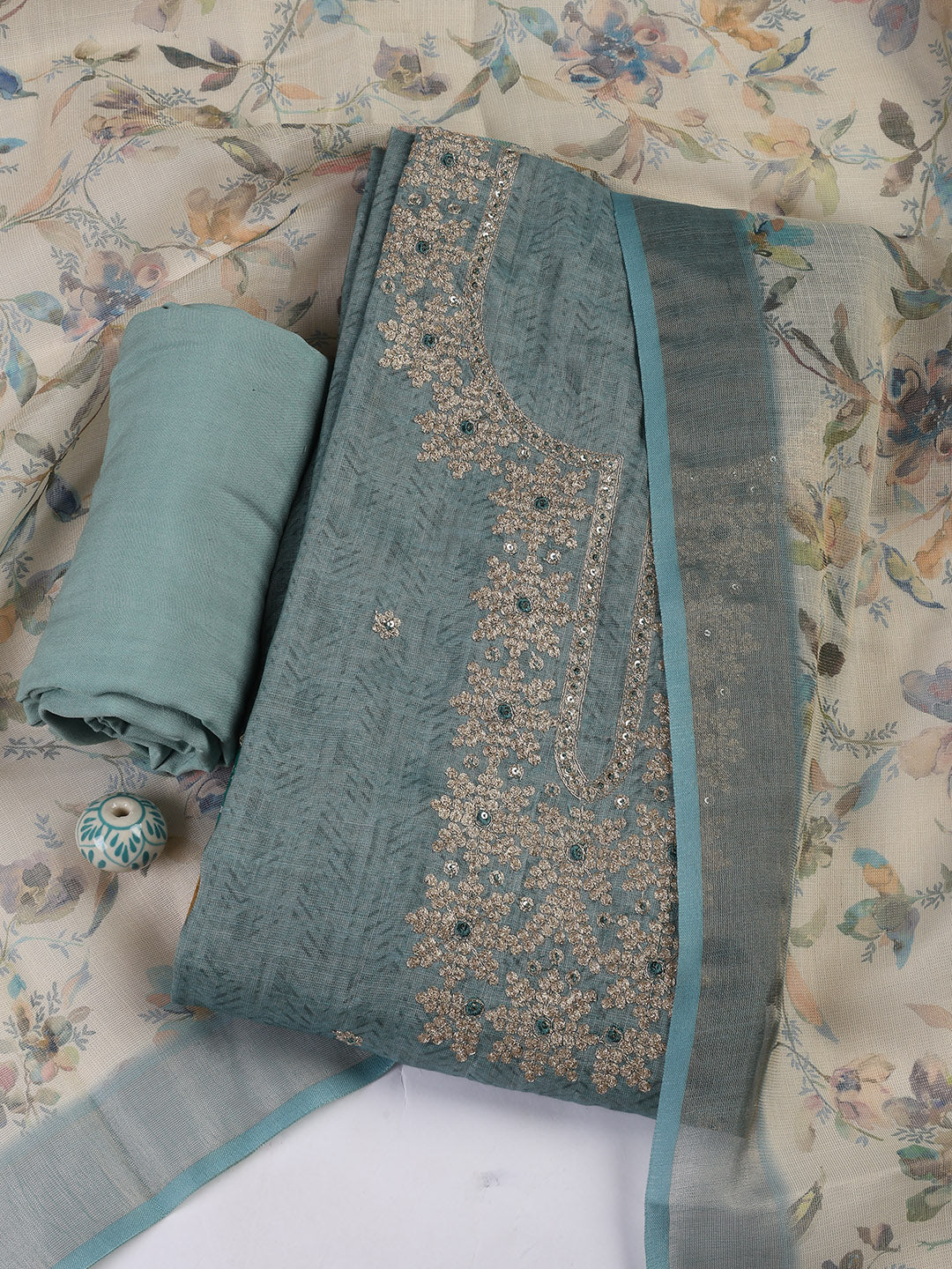 Neck Embroidery Chanderi Unstitched Suit With Dupatta