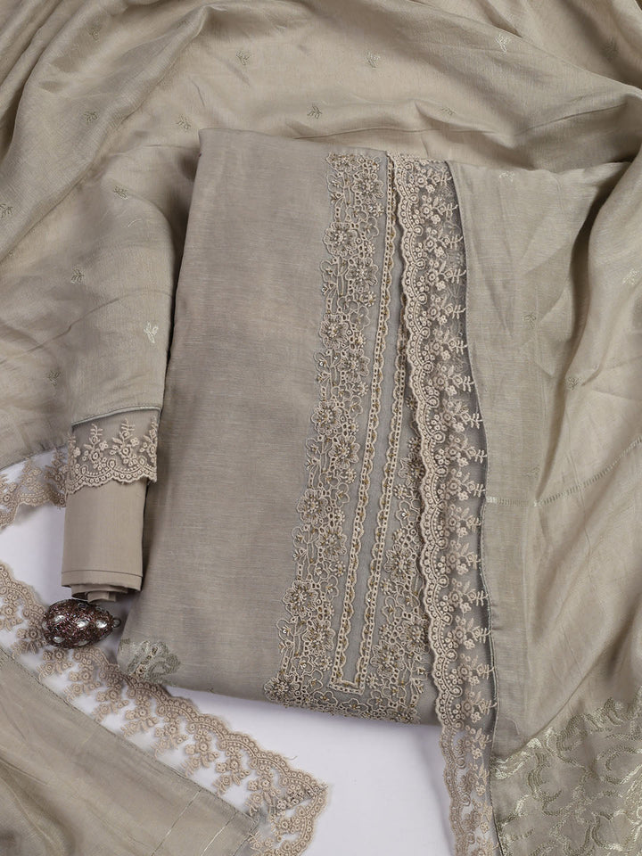 Embroidery Linen Unstitched Suit With Dupatta