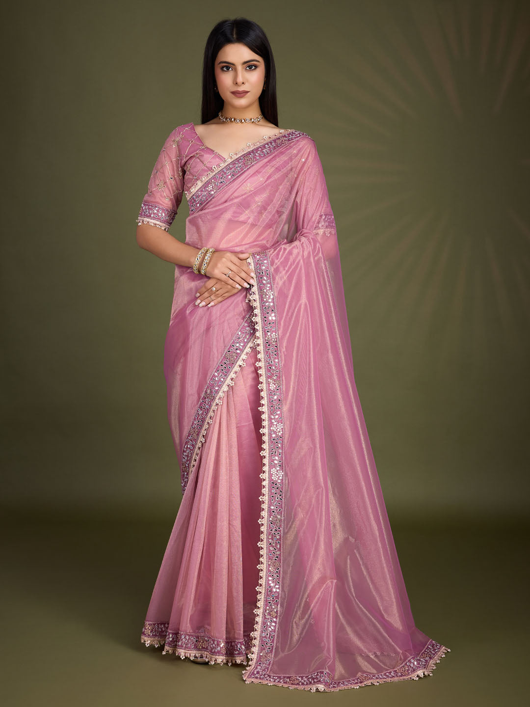 Mirror Work Embroidery Tissue Saree