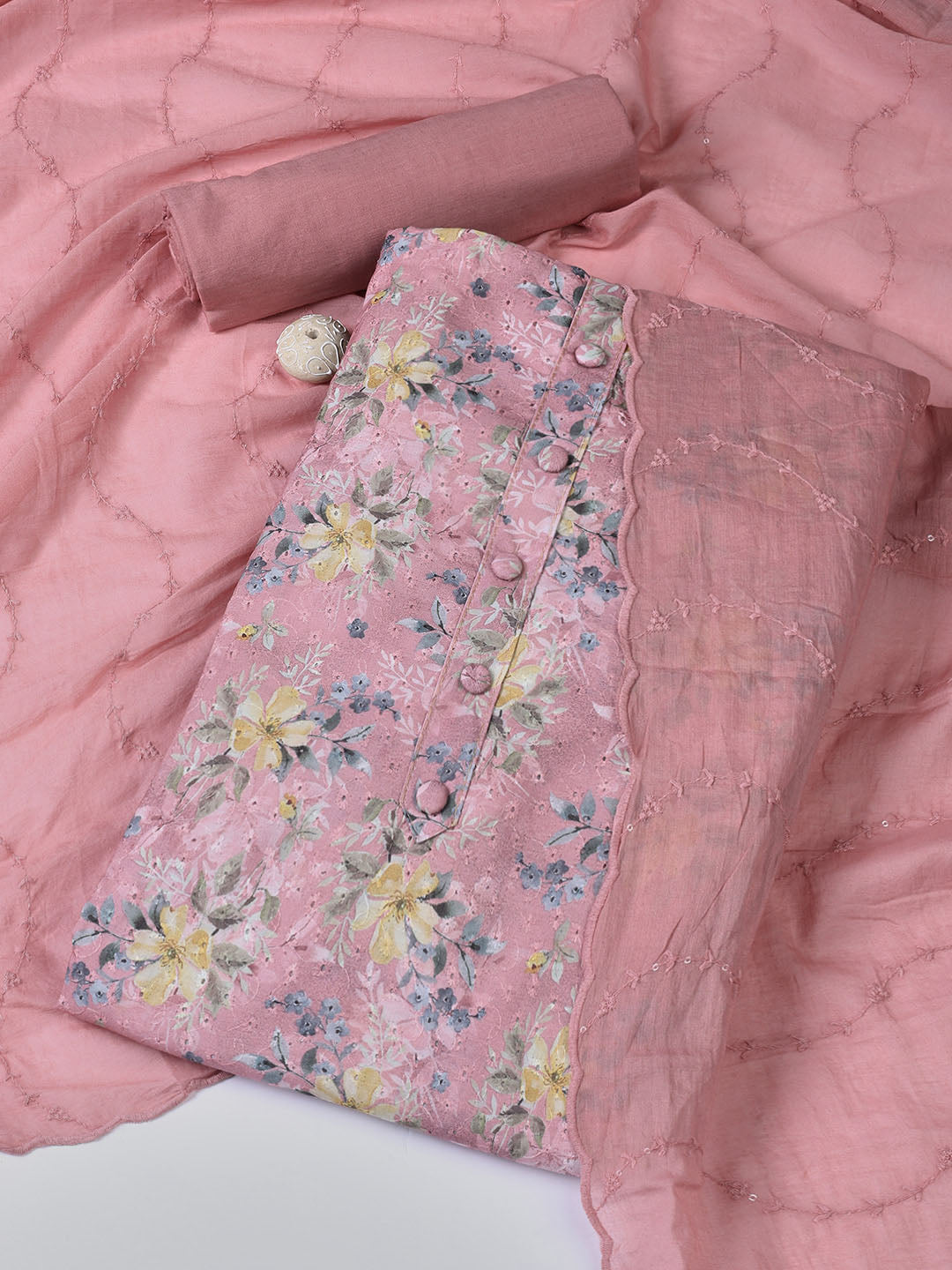 Printed Cotton Blend Unstitched Suit With Dupatta