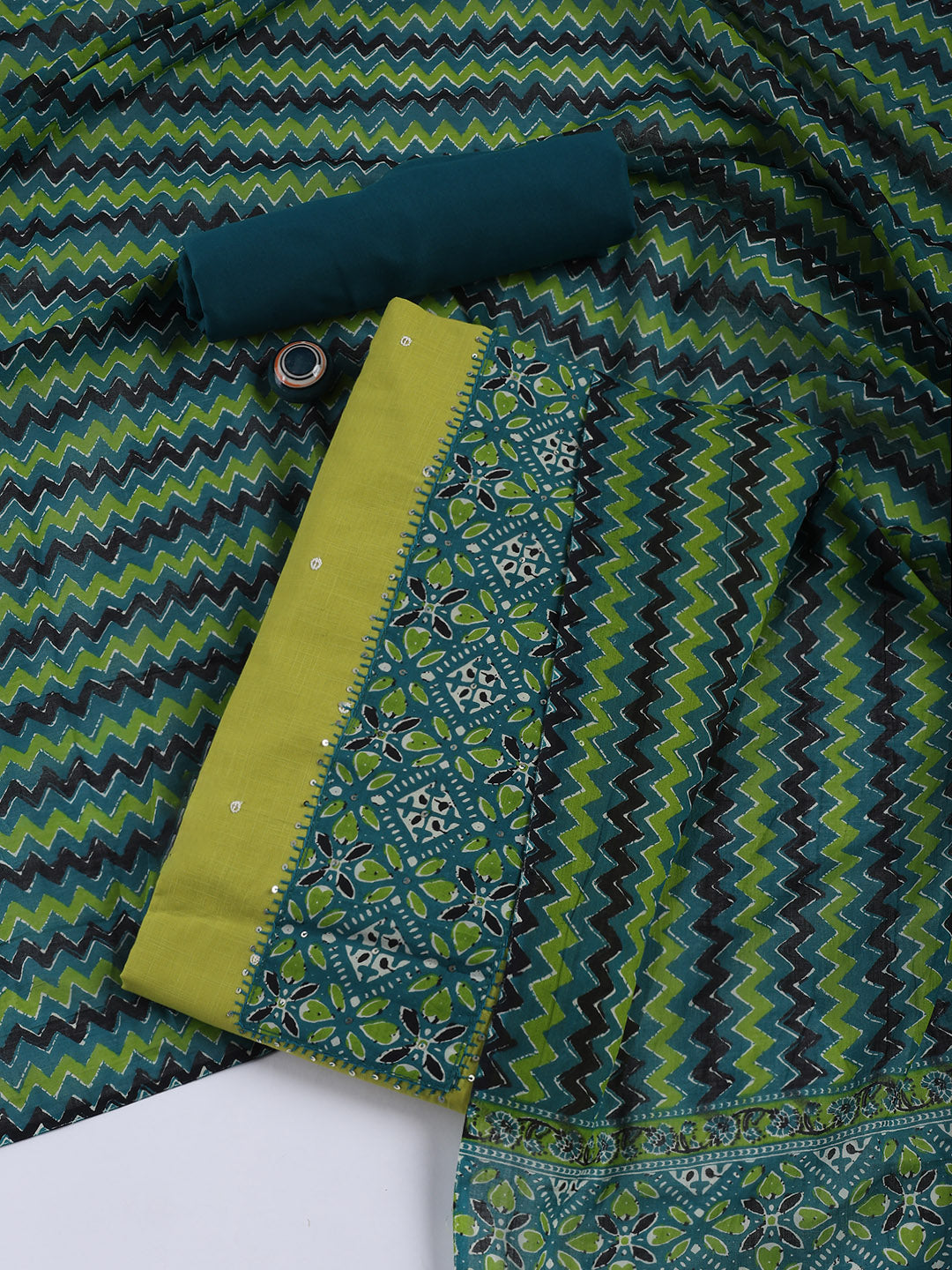 Neck Mirror Work Cotton Blend Unstitched Suit With Dupatta