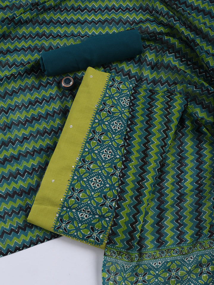 Neck Mirror Work Cotton Blend Unstitched Suit With Dupatta