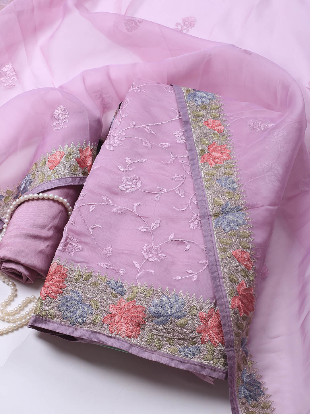 Neck Embroidery Organza Unstitched Suit Piece With Dupatta