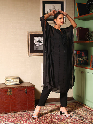 Sequin Embroidered Georgette Kaftan Kurti With Pants