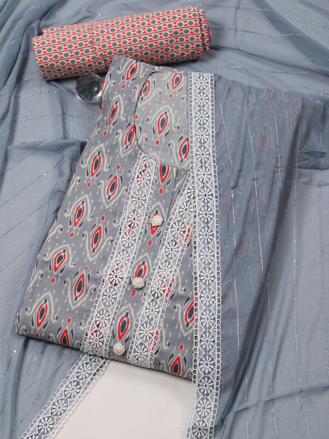 Neck Patti Cotton Blend Unstitched Suit With Dupatta