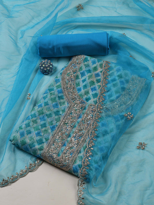 Neck Zari Embroidery Organza Unstitched Suit Piece With Dupatta