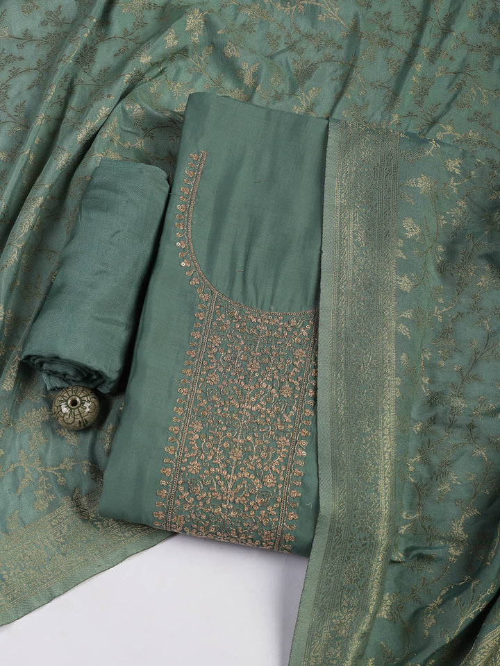 Embroidered Chanderi Unstitched Suit Piece With Dupatta