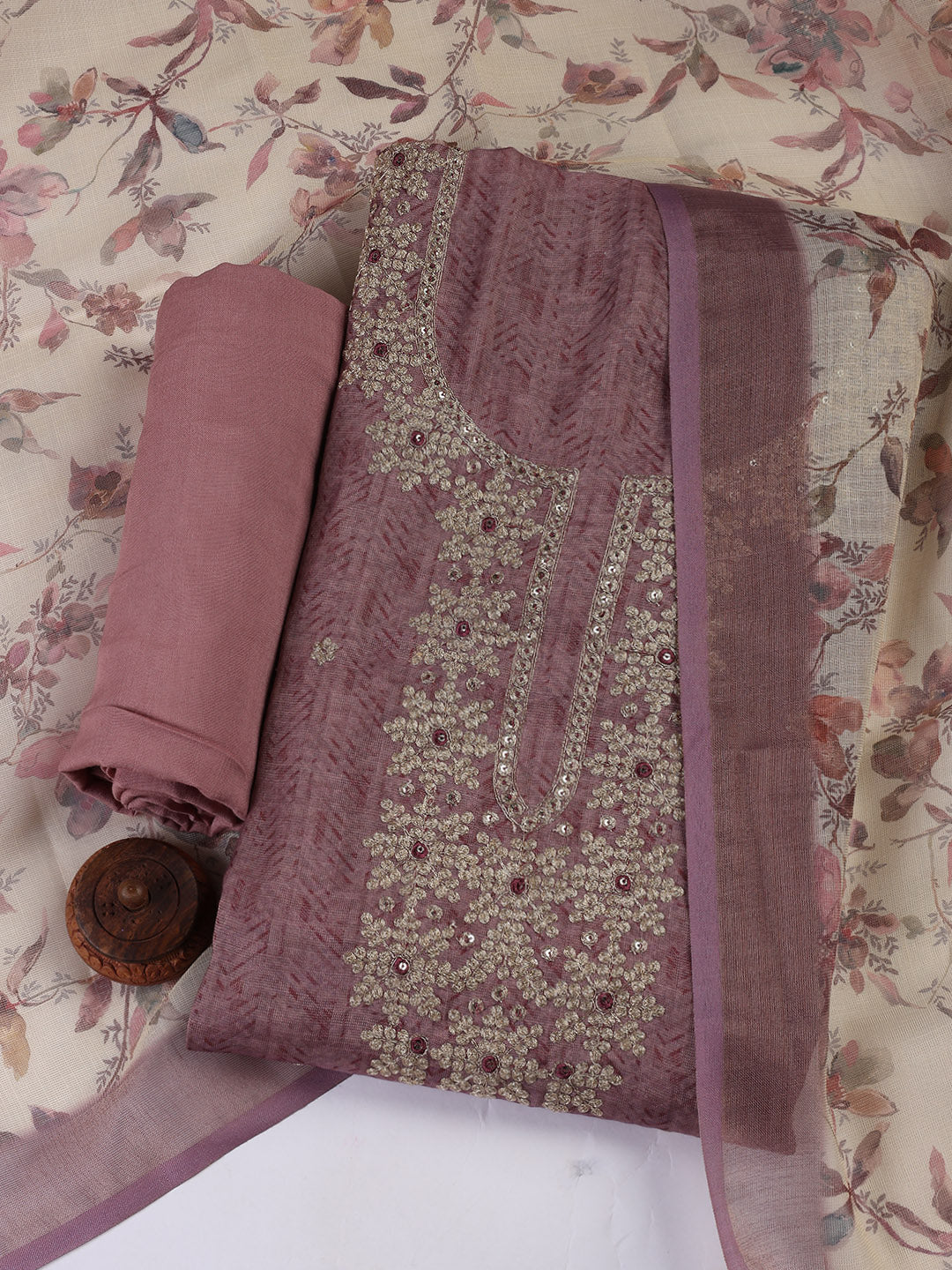 Neck Embroidery Chanderi Unstitched Suit With Dupatta