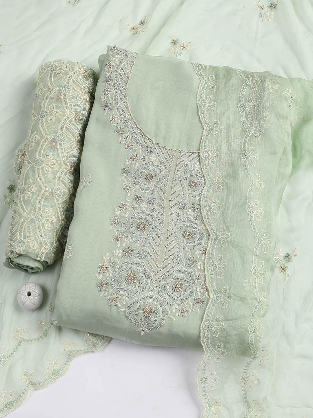 Embroidered Chanderi Unstitched Suit Piece With Dupatta
