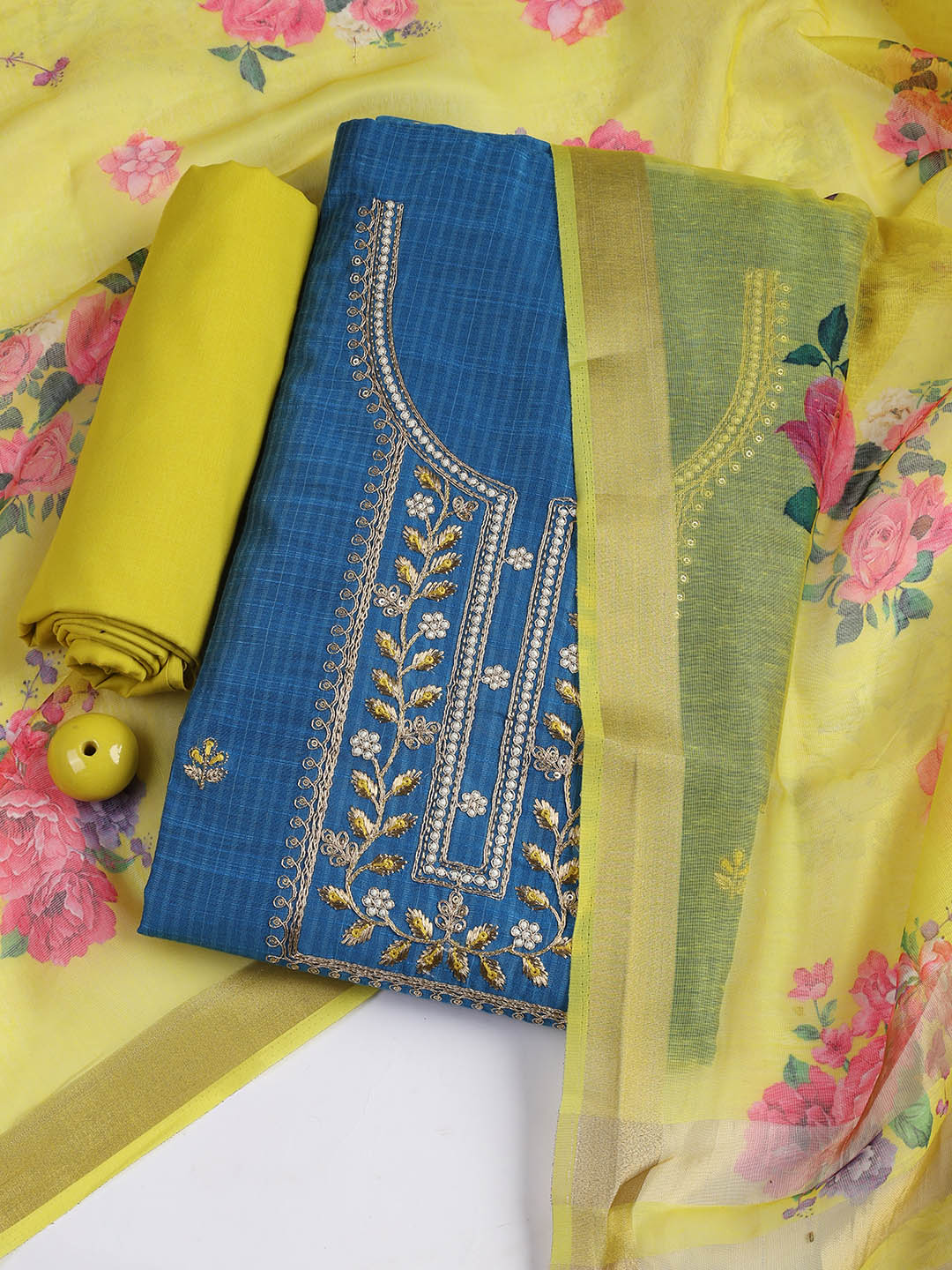 Neck Embroidered Cotton Blend Unstitched Suit With Dupatta