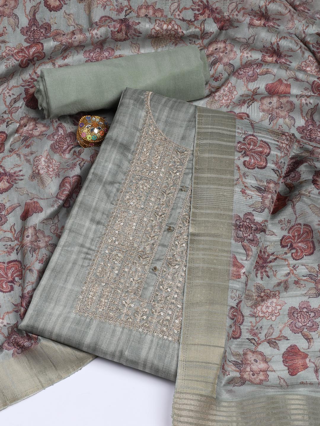 Neck Embroidery Art Tussar Unstitched Suit With Dupatta