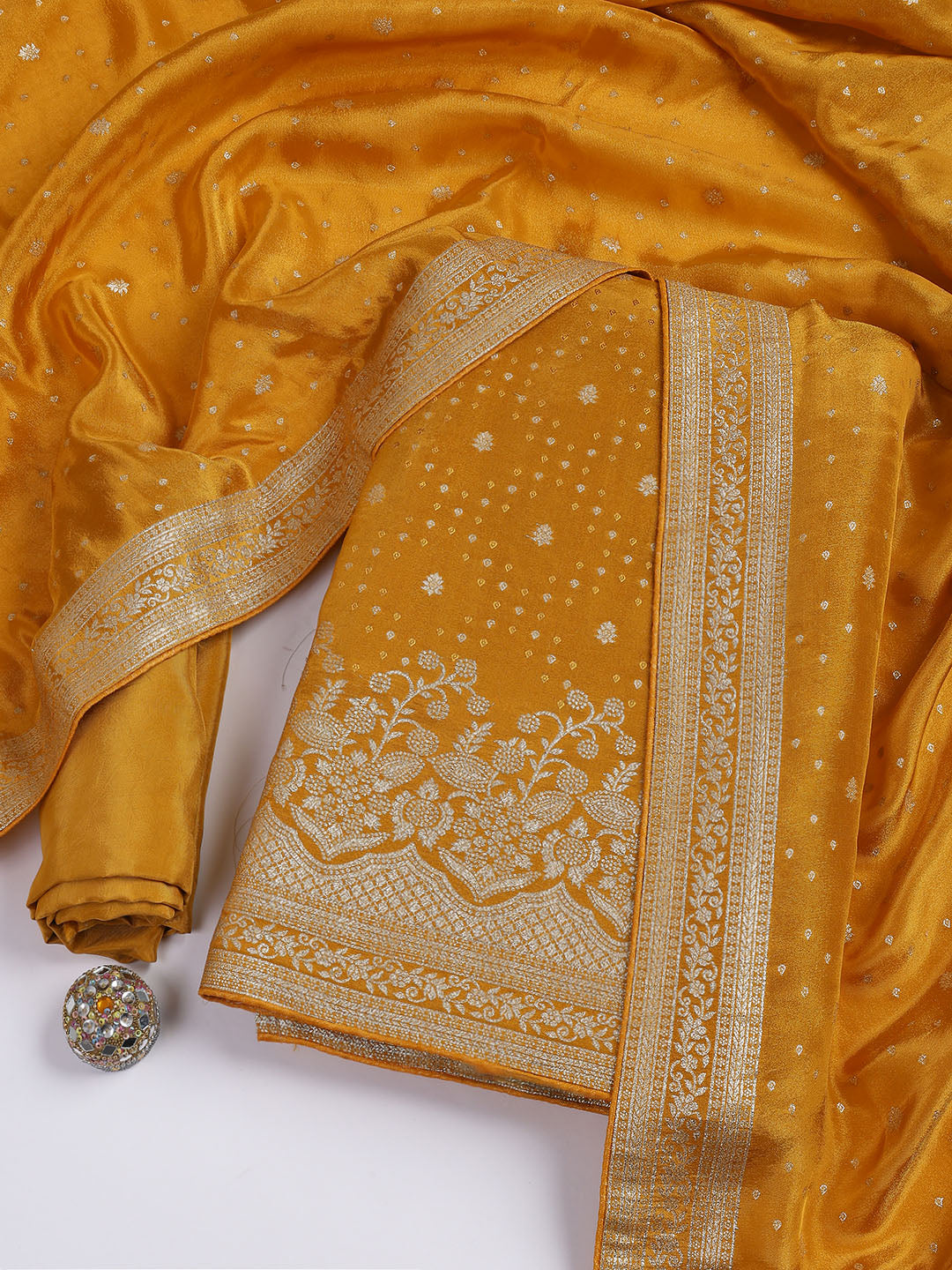 Embroidered Art Silk Unstitched Suit Piece With Dupatta
