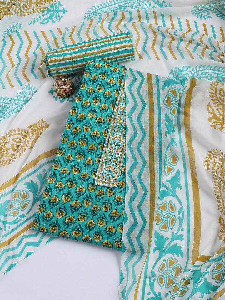 Printed Cotton Blend Unstitched Suit With Dupatta