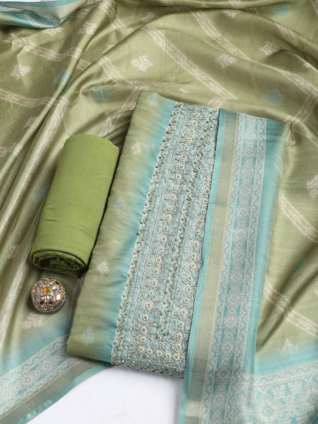 Embroidered Chanderi Unstitched Suit Piece With Dupatta