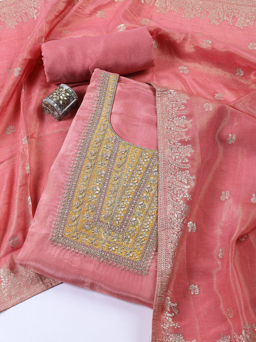 Neck Embroidered Tissue Unstitched Suit With Dupatta