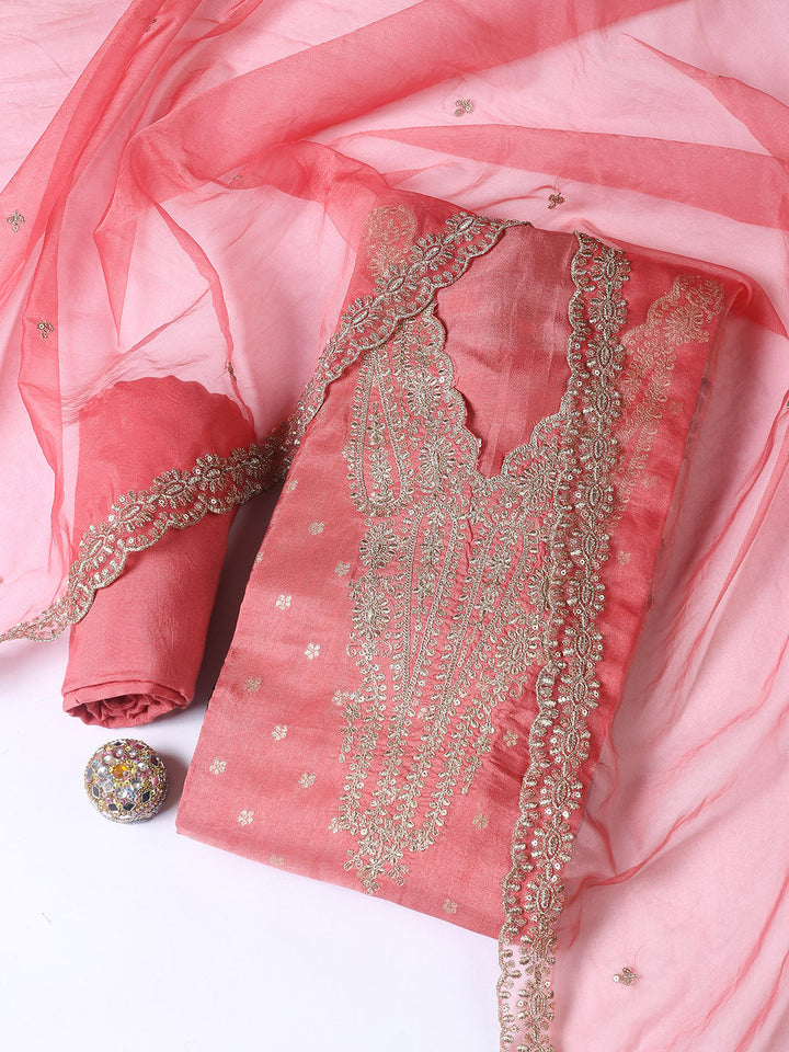Neck Embroidery Chanderi Unstitched Suit With Dupatta
