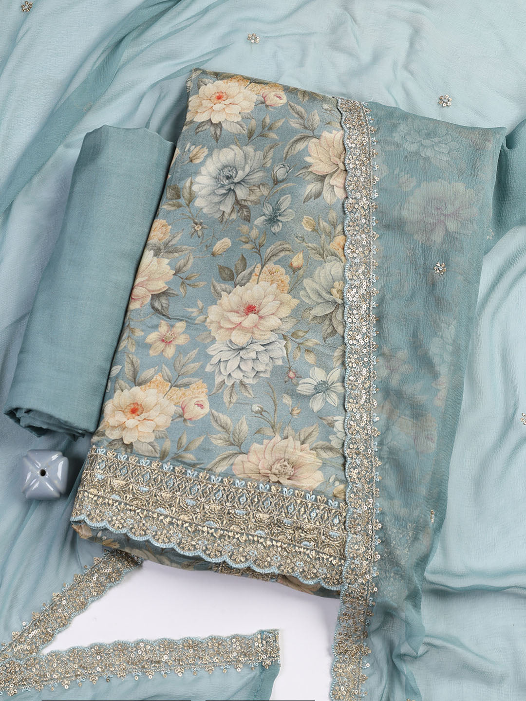 Patch Neck Art Silk Unstitched Suit With Dupatta
