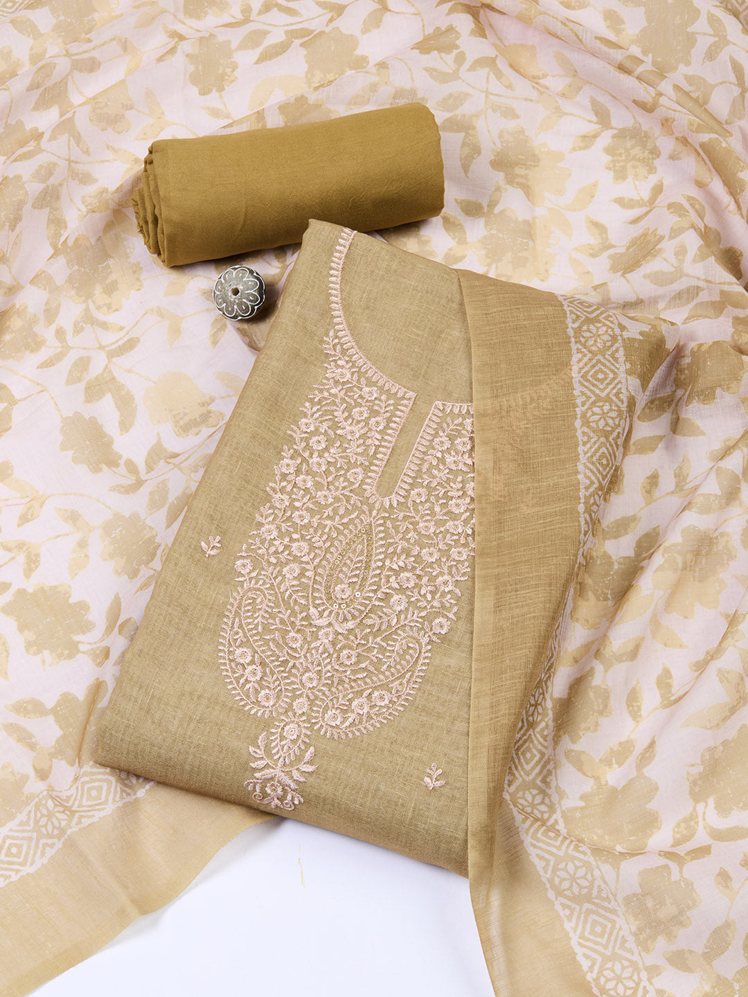 Neck Embroidered Cotton Blend Unstitched Suit With Dupatta