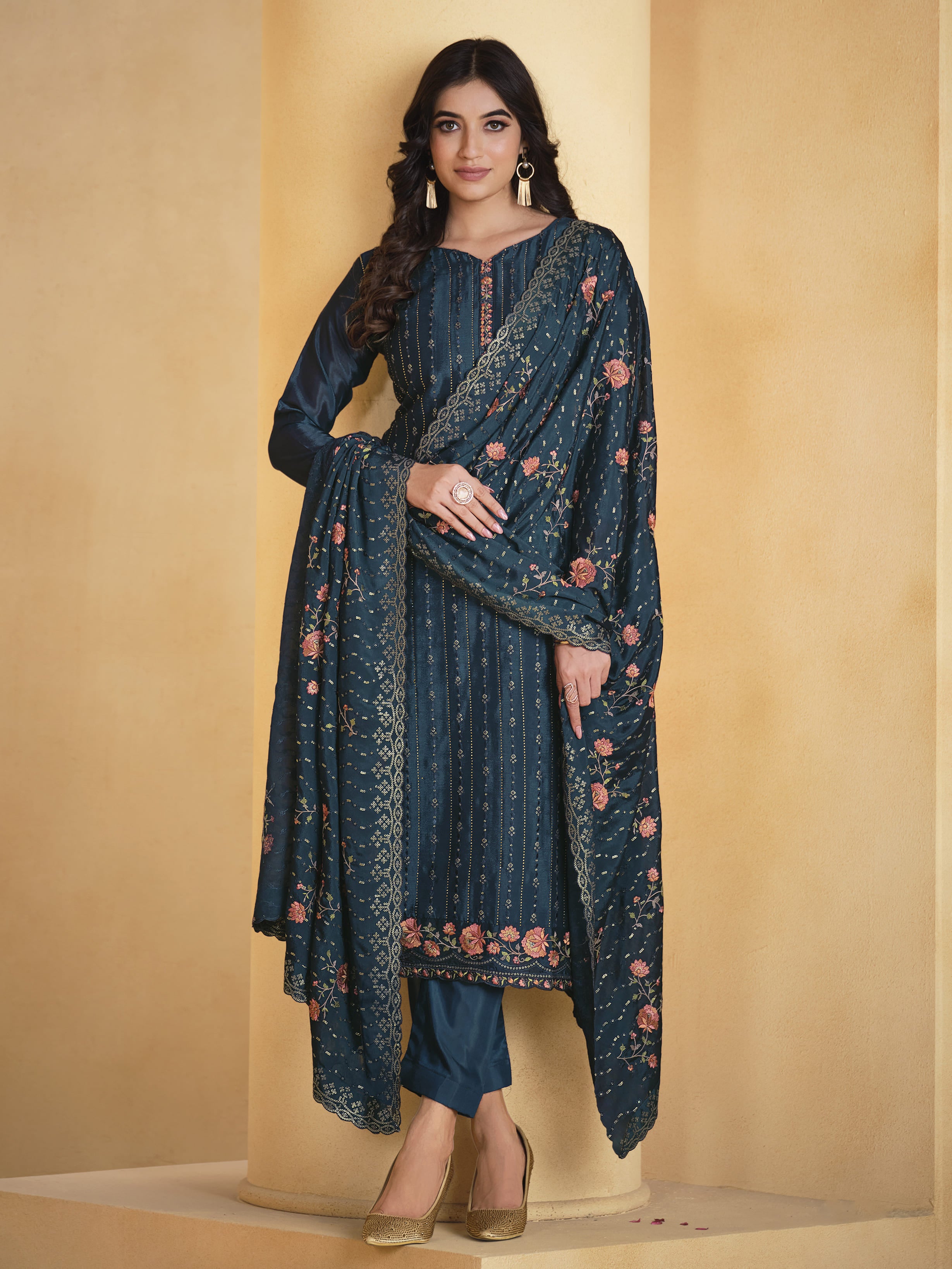 Neck Embroidered Chinon Unstitched Suit Piece With Dupatta
