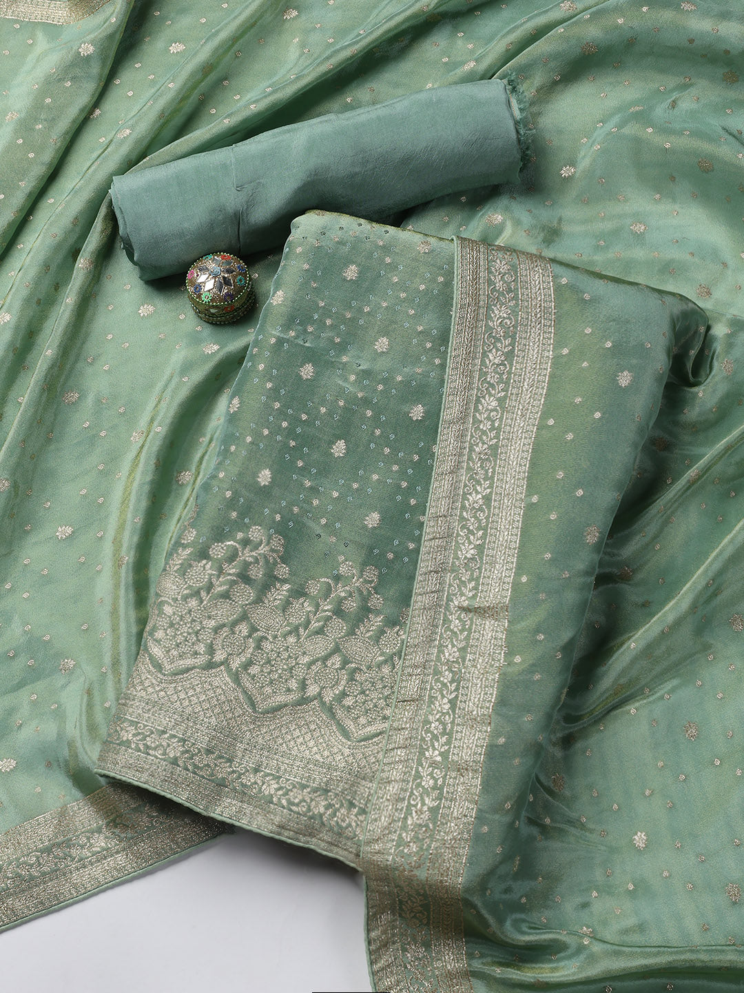Embroidered Art Silk Unstitched Suit Piece With Dupatta