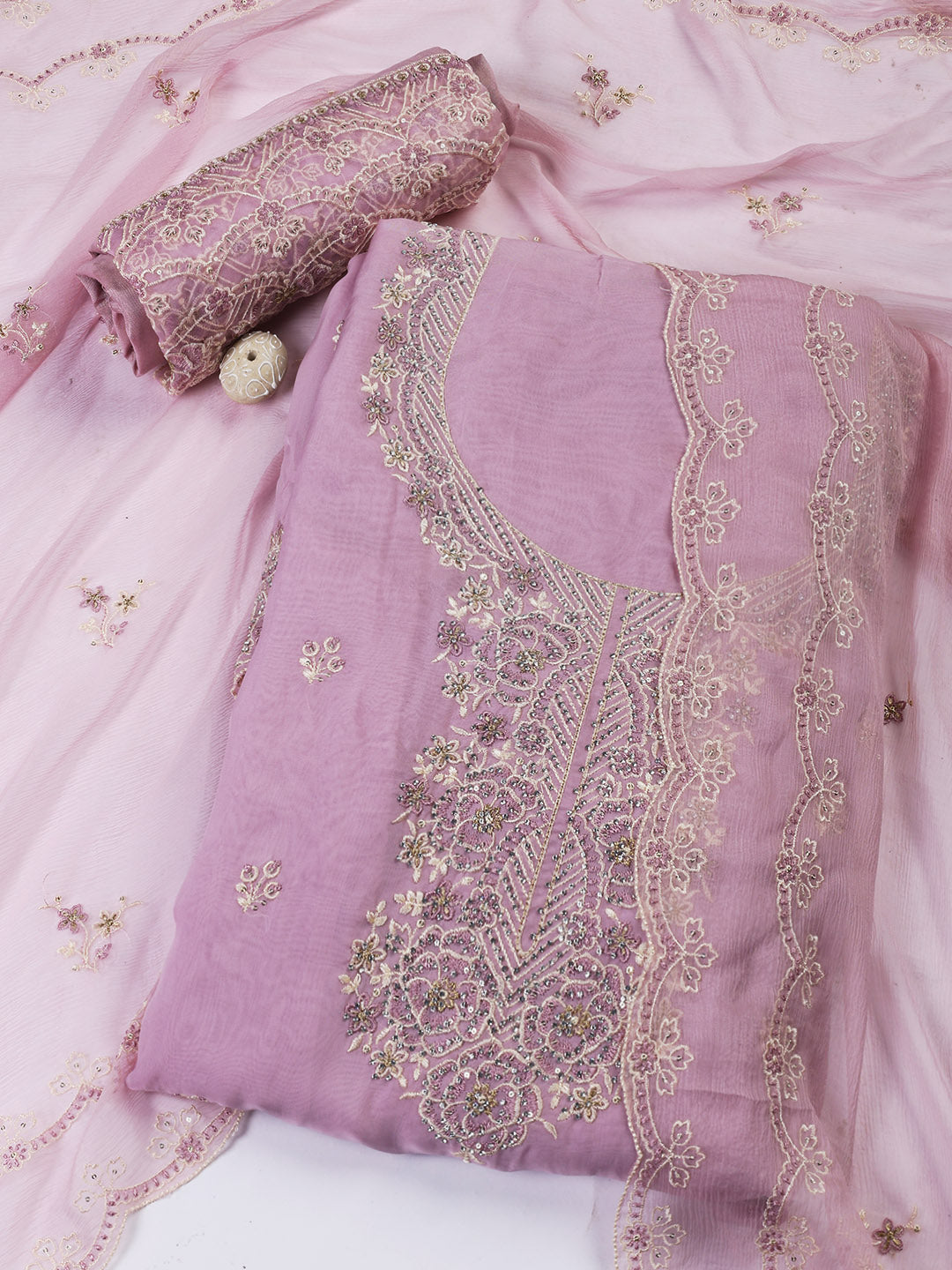 Embroidered Chanderi Unstitched Suit Piece With Dupatta