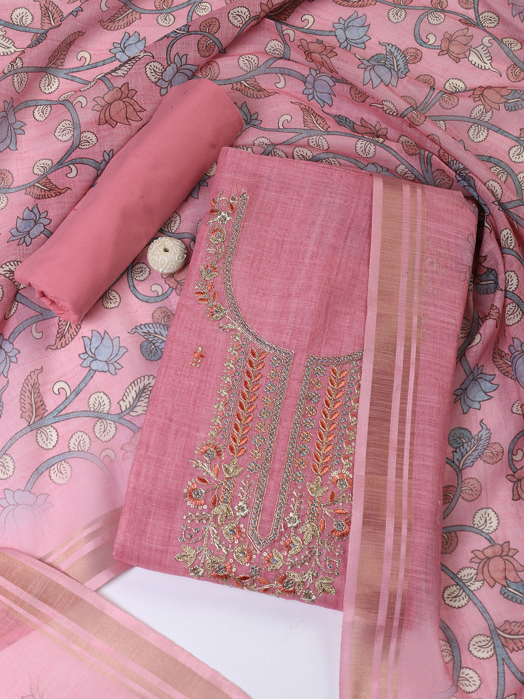 Neck Embroidered Cotton Blend Unstitched Suit With Dupatta