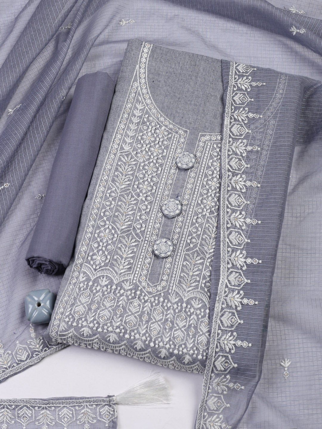 Embroidered Cotton Blend Unstitched Suit Piece With Dupatta