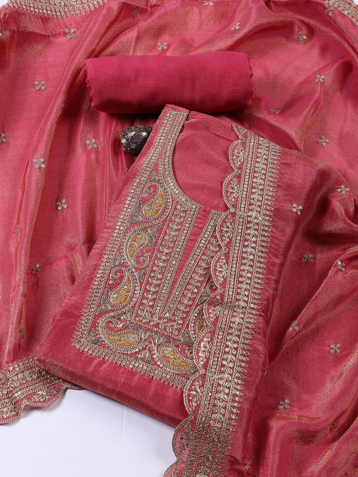 Neck Embroidered Tissue Unstitched Suit With Dupatta