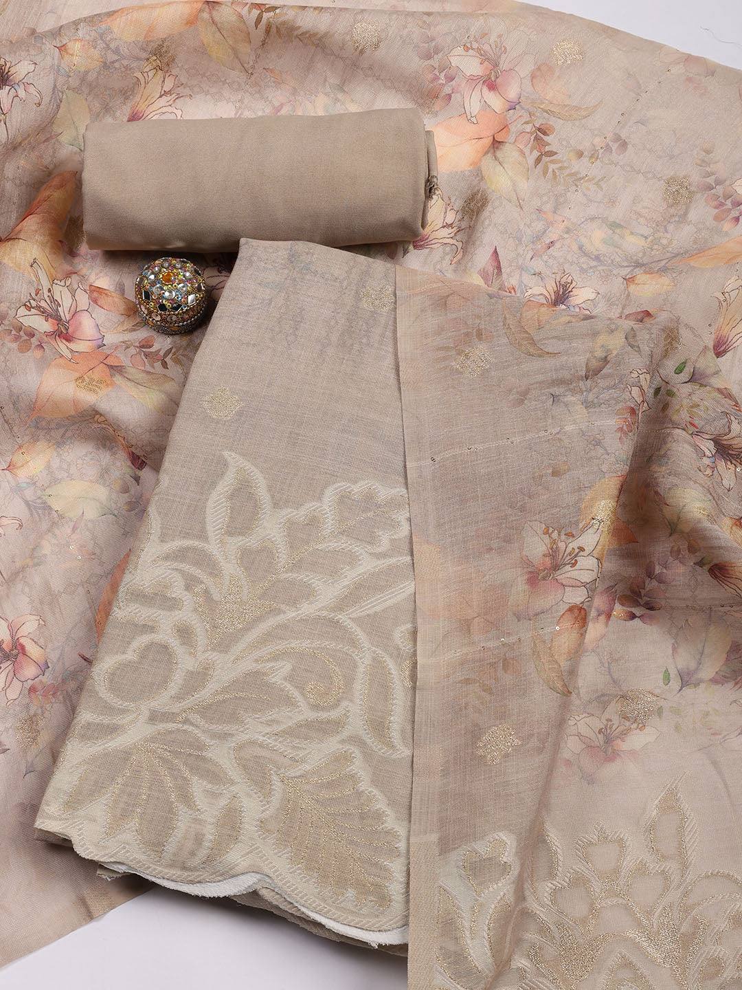 Embroidery Linen Unstitched Suit With Dupatta