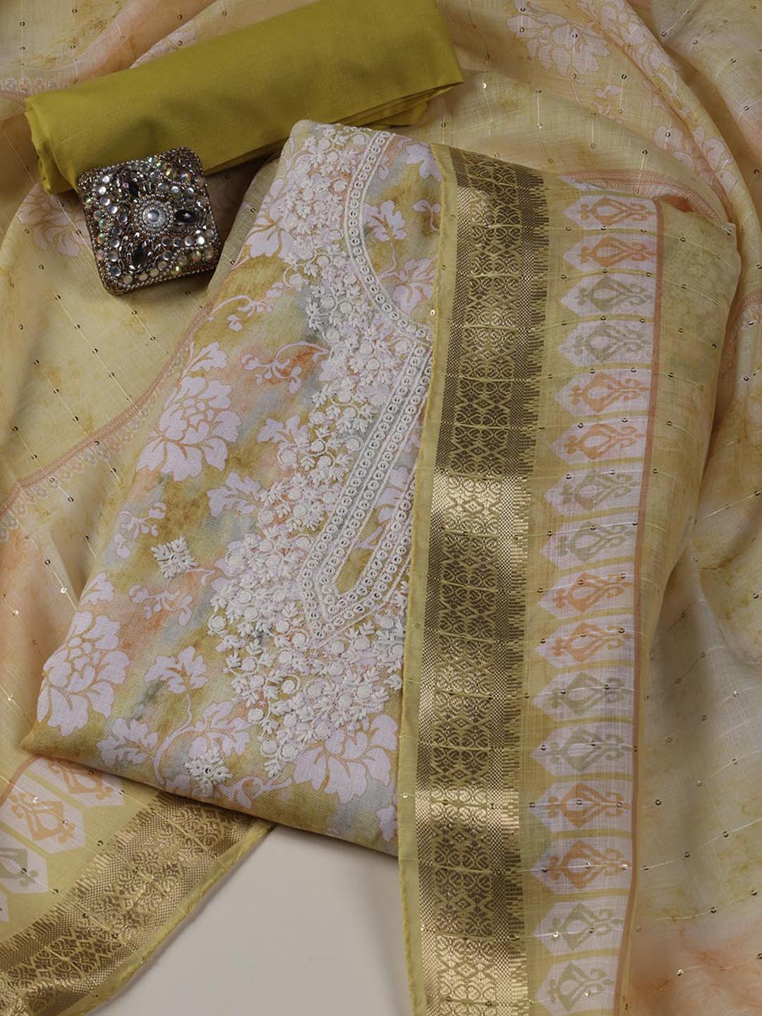 Neck Embroidered Linen Unstitched Suit Piece With Dupatta
