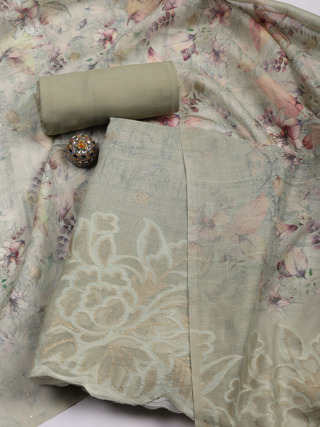 Embroidery Linen Unstitched Suit With Dupatta