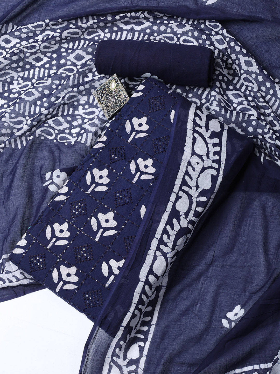 Printed Cotton Blend Unstitched Suit With Dupatta