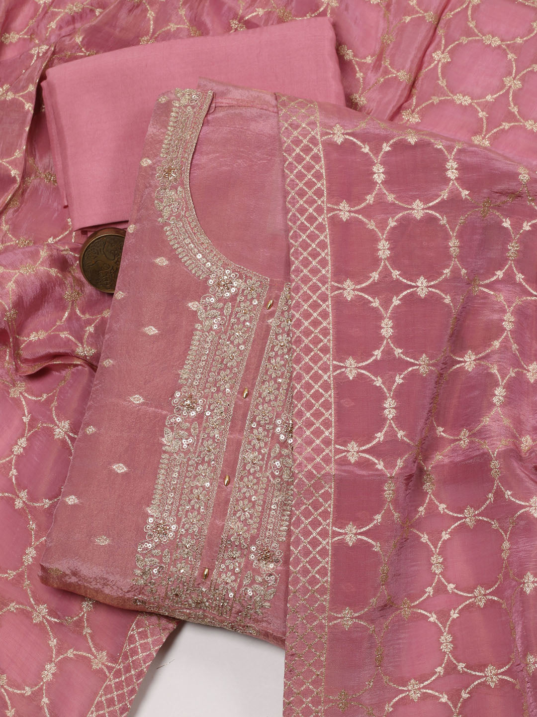 Neck Embroidery Chanderi Unstitched Suit With Dupatta