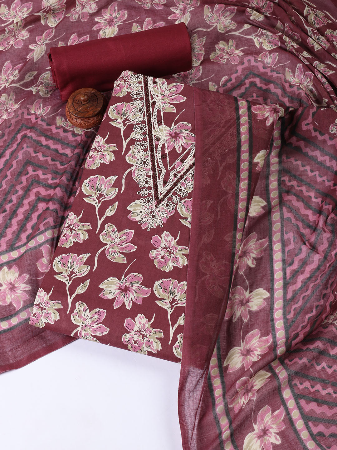Printed Cotton Blend Unstitched Suit With Dupatta