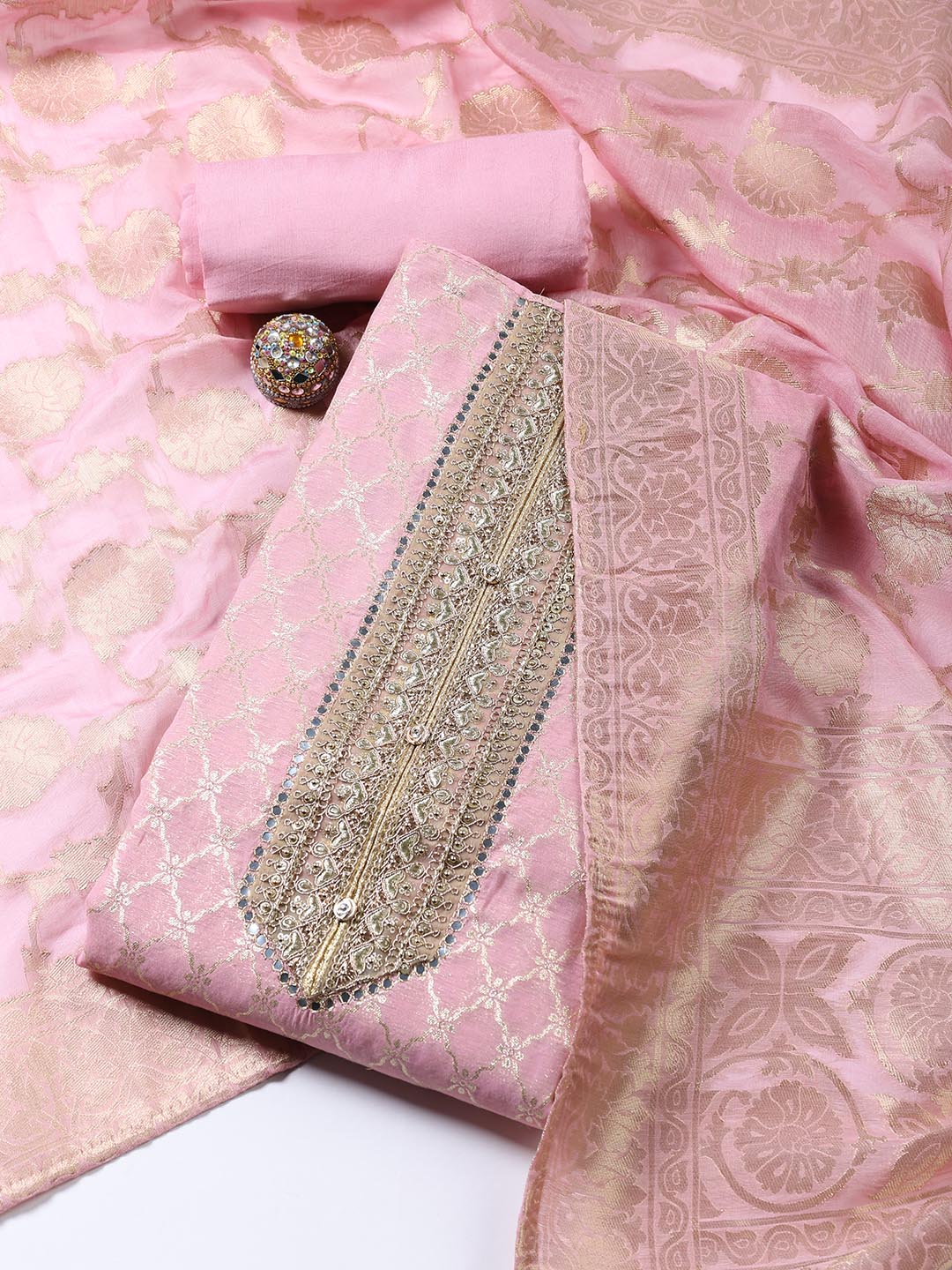 Neck Patti Printed Chanderi Unstitched Suit With Dupatta
