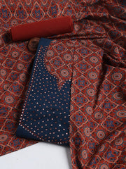 Neck Mirror Work Cotton Blend Unstitched Suit With Dupatta