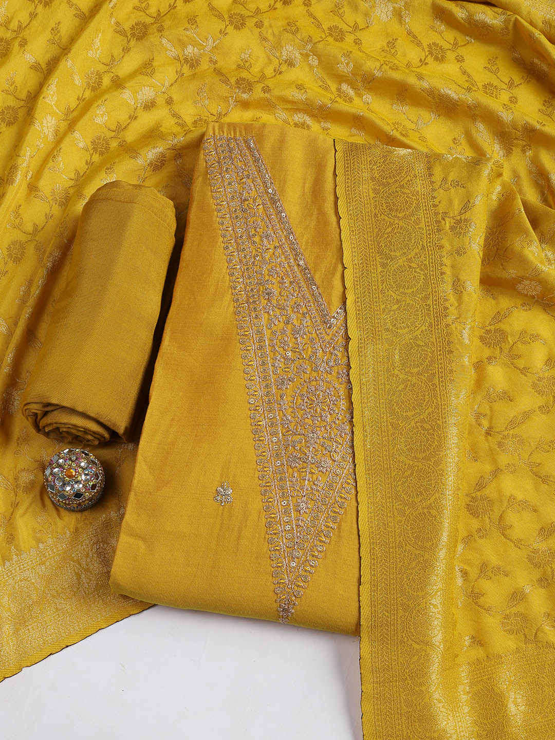 Embroidered Chanderi Unstitched Suit Piece With Dupatta