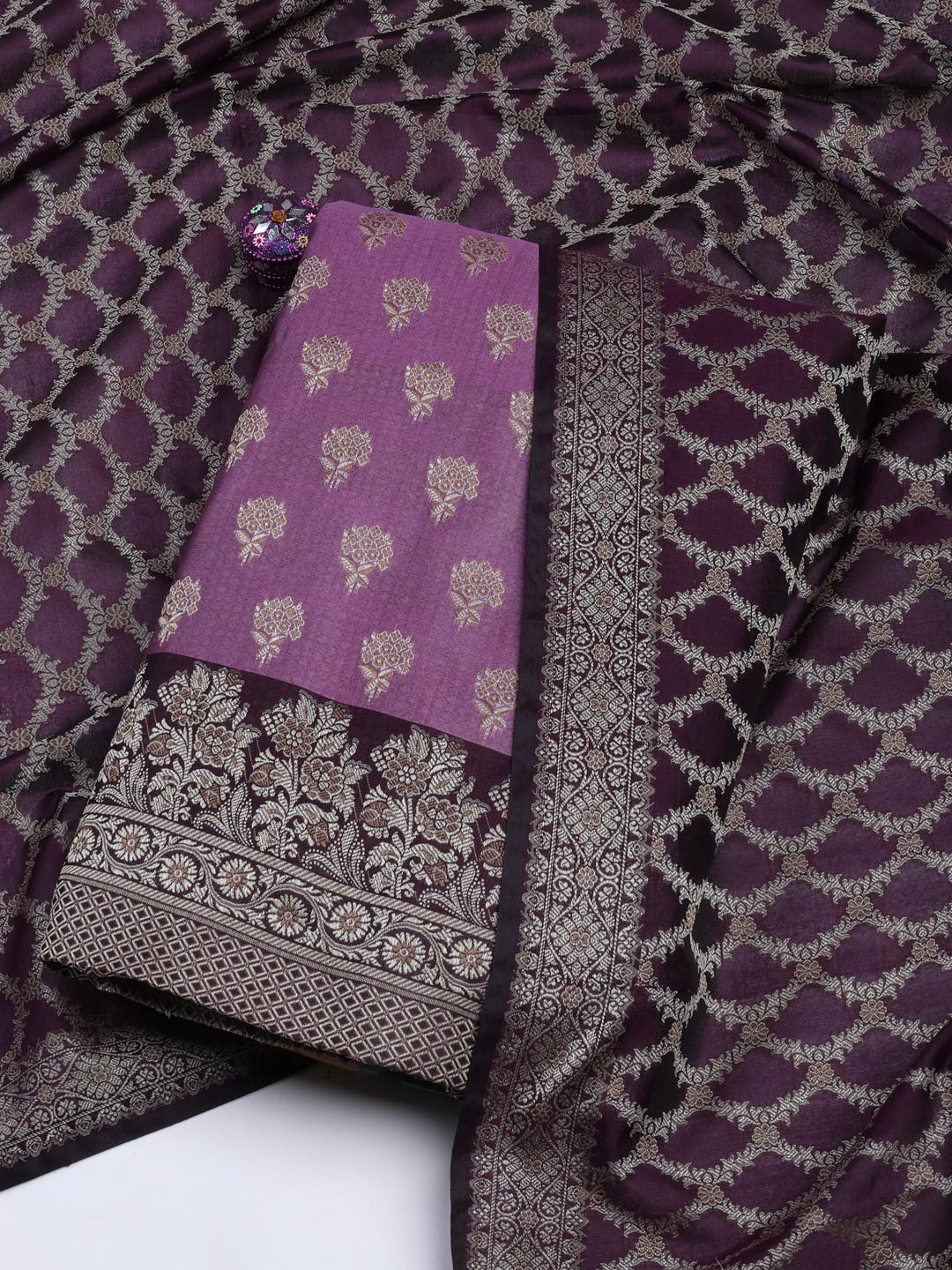 Floral Woven Booti Chanderi Unstitched Suit With Dupatta