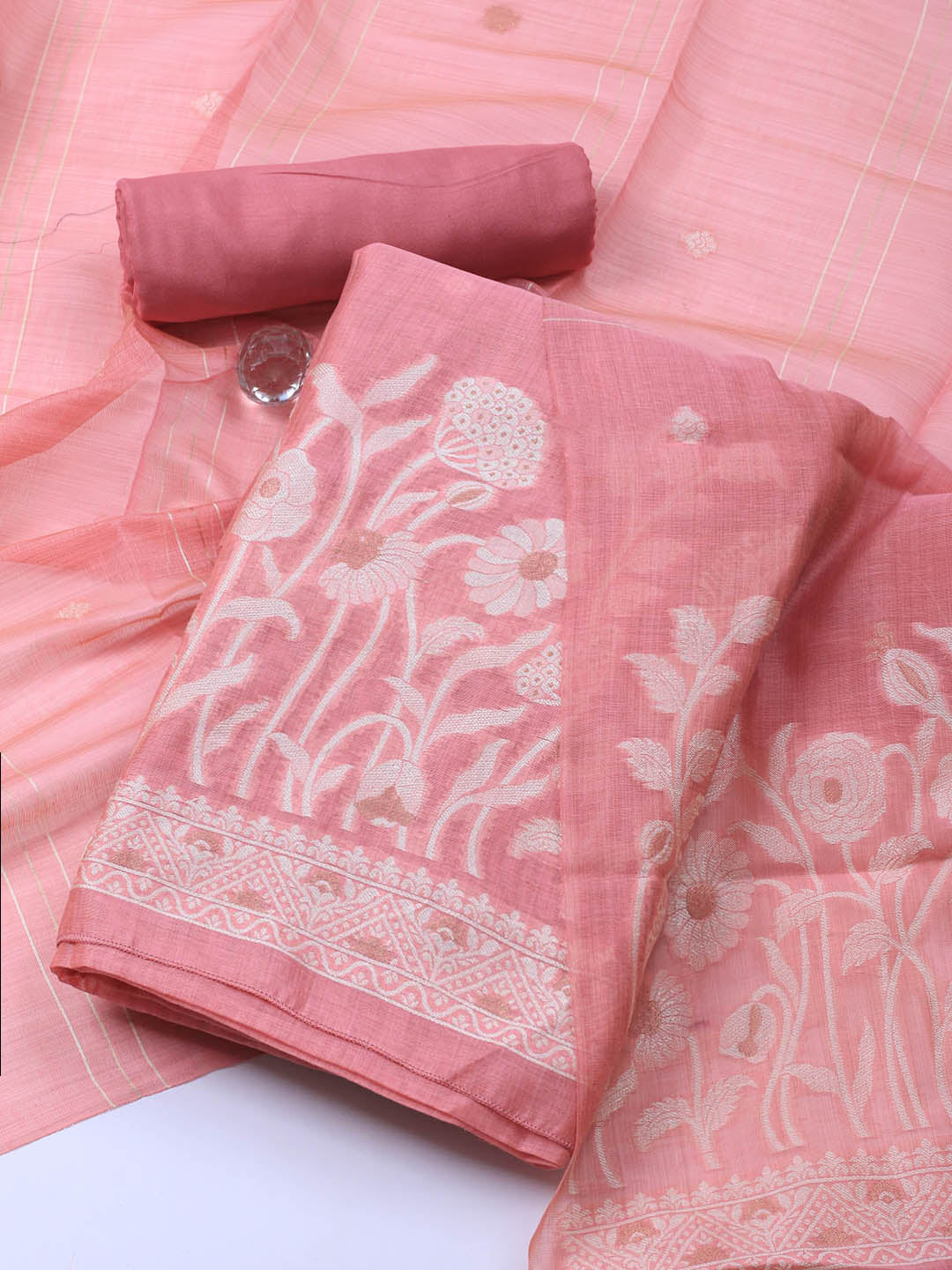 Neck Embroidery Chanderi Unstitched Suit With Dupatta