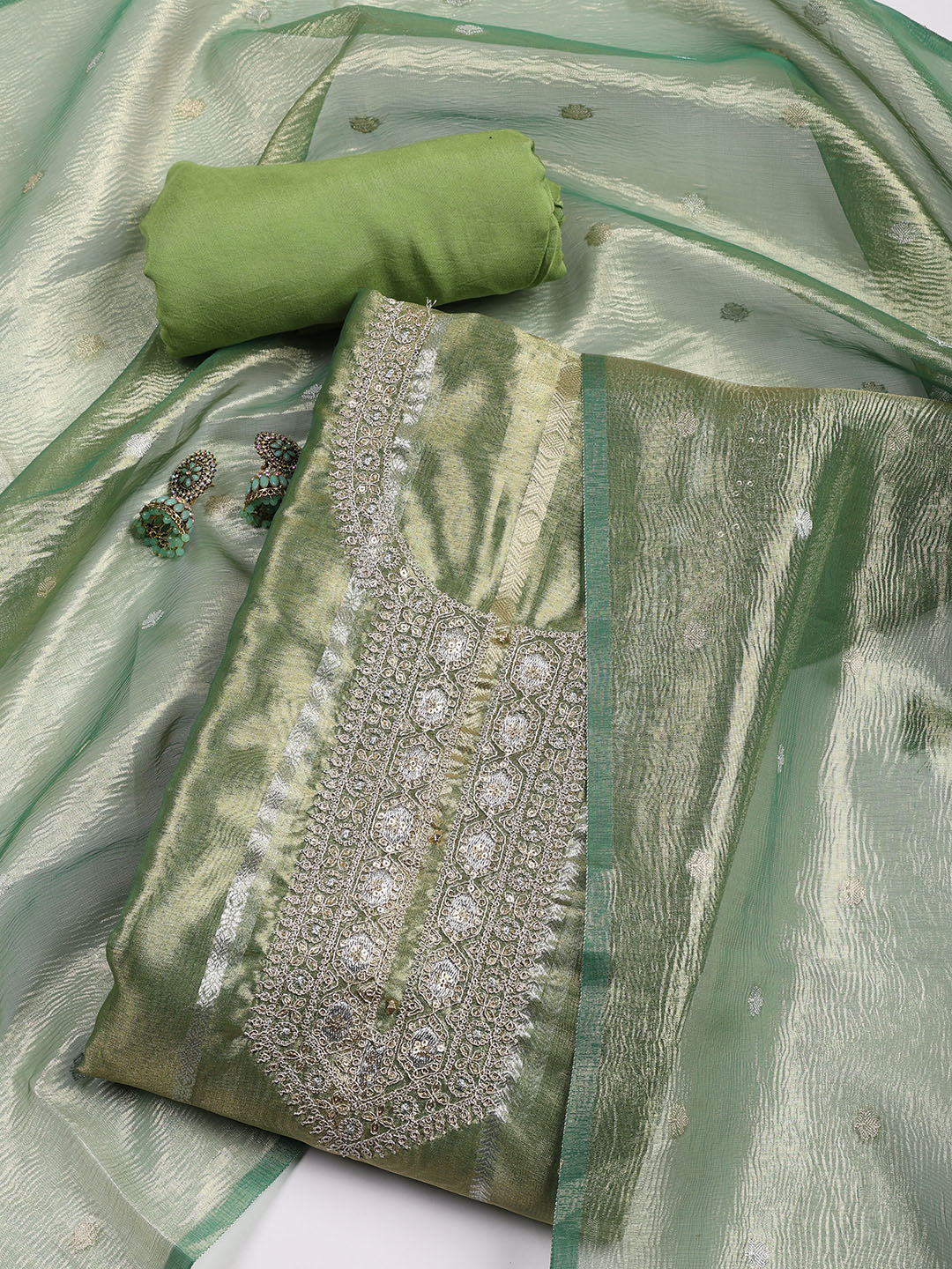 Neck Embroidered Tissue Unstitched Suit With Dupatta